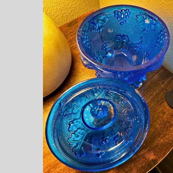 Vintage Cobalt Blue Glass Covered Candy Dish with Grape Leaf Design, Footed - Picture 3 of 7